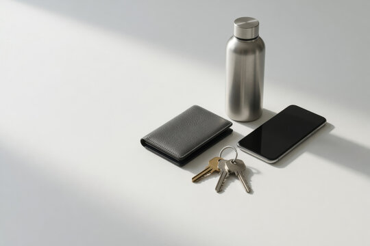 Minimalist everyday carry wallet smartphone key bottle on white desk sunlight shadow detail calm scene Daily Life concept