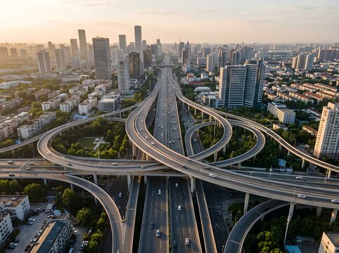 Aerial view of a busy highway interchange in a modern city