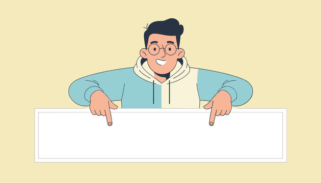 Smiling young man with glasses pointing both index fingers down at a big blank white banner, vector graphic design.