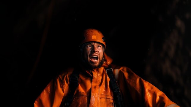 A lifeguard screams in a cave during a rescue operation. Man, white, about 40 years old, mouth open up, orange helmet, wet orange raincoat, seat belts, dark rocky background, rescuers in a cave.