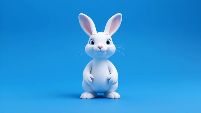 Playful white bunny character waving hello in a simple studio setting with soft lighting