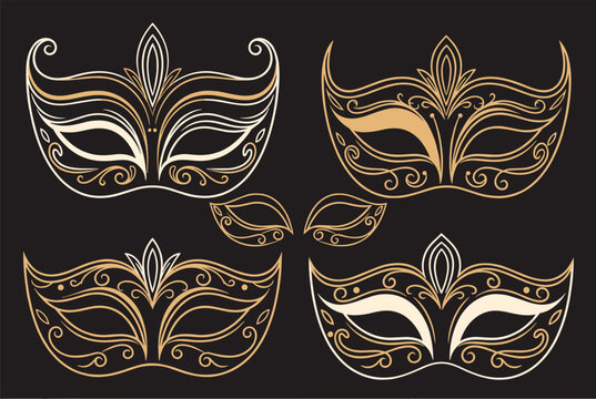 Golden masquerade masks decorated with elegant filigree curls shown in a set of four on a plain black background.