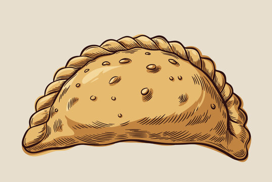 Golden brown baked empanada or meat pasty with crimped edges shown in a hand drawn vintage style illustration.
