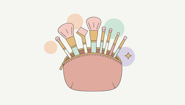 Cute pink cosmetic makeup bag filled with various beauty brushes on soft background vector illustration.