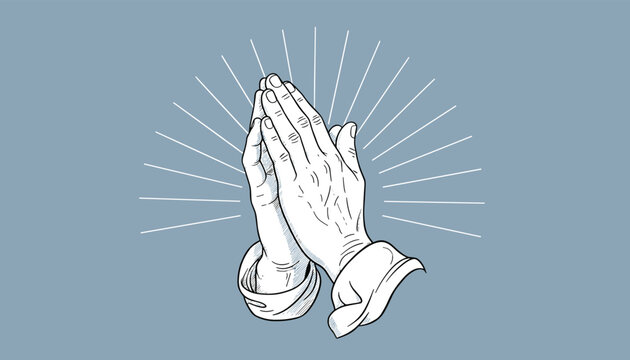 Detailed black and white sketch of praying hands with soft rays of light, representing faith and spirituality.