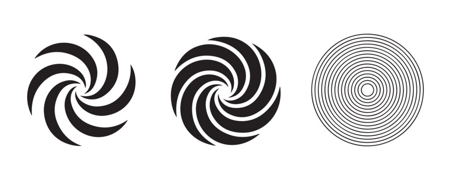 Abstract swirling vortex symbols in black and white and concentric circles.