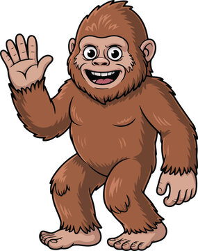 Friendly bigfoot mascot waving hand in a vibrant vector illustration featuring bold brown fur and expressive cartoon facial features design
