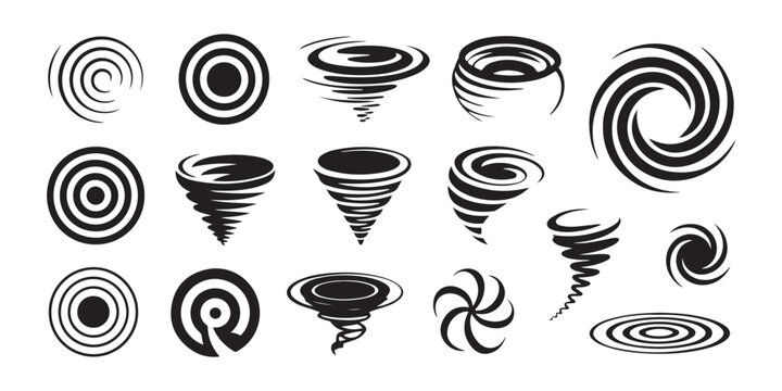 Tornado symbols and hurricane storm icons collection for weather forecast and disaster infographics.