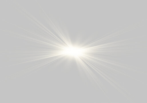 Elegant sunburst shines with warm golden brilliance. Radiant beams produce a realistic lens flare effect. Transparent vector PNG light element for creative projects.
