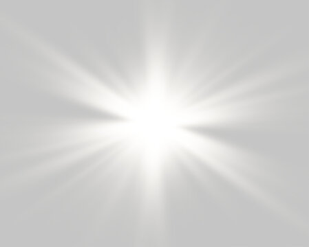 Bright white lens flare with radiant beams and soft glow. PNG light effect on transparent background. Abstract sunlight sparkle.