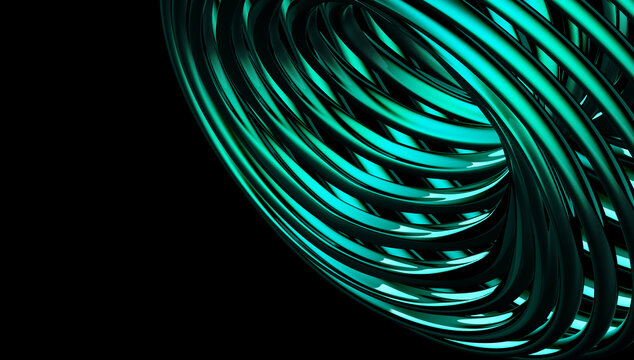 Abstract 3D green metallic tube swirl, curved glossy geometric rings, futuristic tech wave structure, dark digital cover design.