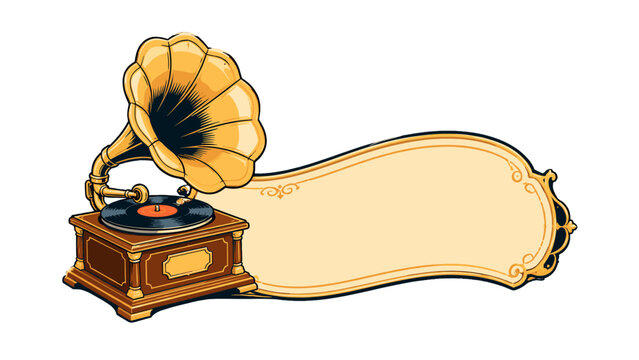 Vintage gramophone with ornate blank banner illustration