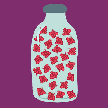 Vector illustration of glass bottle or jar filled with fresh raspberries, sweet berry jam or compote in minimalist flat style.