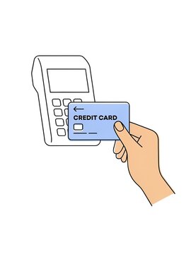 Hand paying with credit card at POS terminal. Contactless payment via chip reader device.