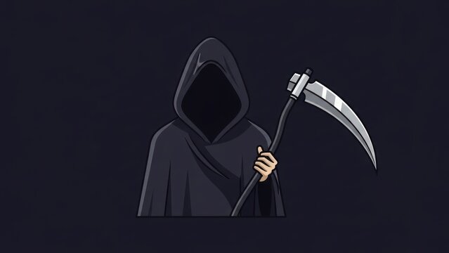 Mysterious hooded figure holds a curved scythe in a dark silhouette.