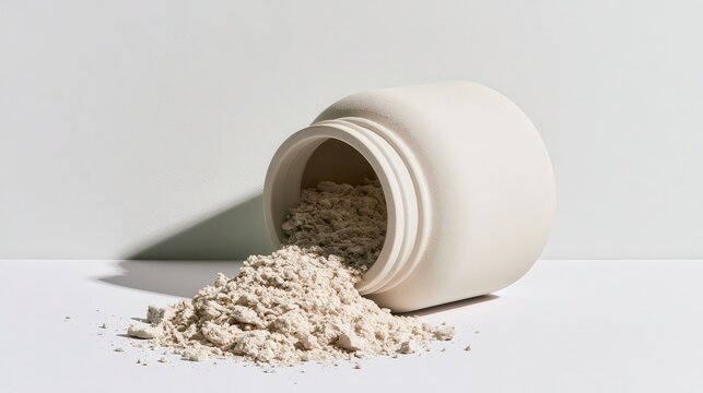 Protein powder pouring from jar on white. Dietary supplement concept.