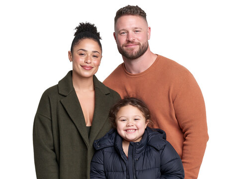 Portrait of a smiling mixed-race family with a little girl against isolated on transparent or white background, png