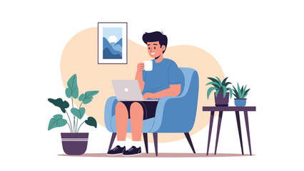Fototapeta premium Young man working on a laptop while drinking coffee in a cozy home environment with indoor plants and mountain art.