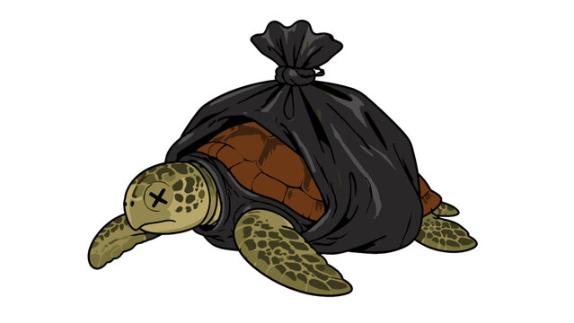 Sea turtle trapped in a black plastic garbage bag illustration