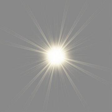 Abstract yellow sunburst with radiant beams. Soft glow overlay on transparent PNG background. Bright lens flare effect for design projects.