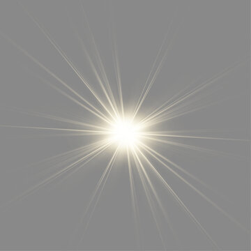Golden glowing star with sparkling rays. Bright light flare effect on transparent background PNG. Vector shine element for festive art.