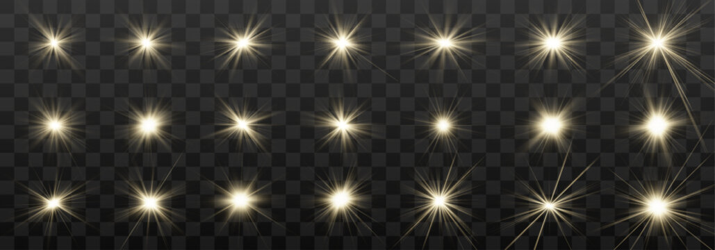 Collection of bright golden rays, sparkle flashes and glowing light waves. Decorative effects set for celebrations, branding and design projects. Vector artwork.