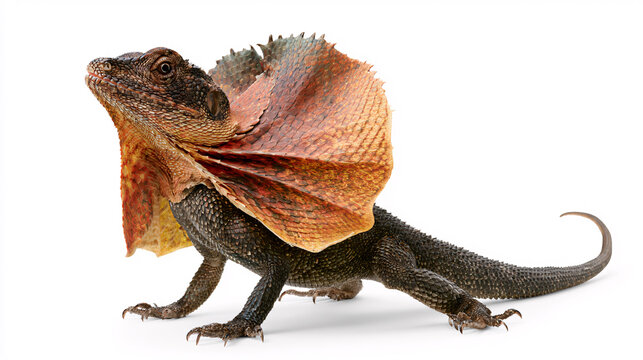 Frilled lizard with fully extended neck frill isolated on white background showing defensive display