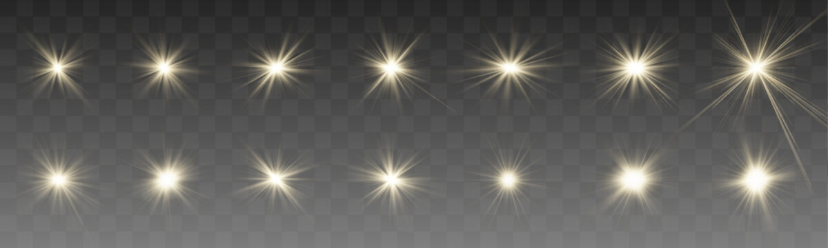 Golden flash and sparkle collection with bright rays, glowing points and soft bokeh effects. Realistic light decoration set. Vector illustration.