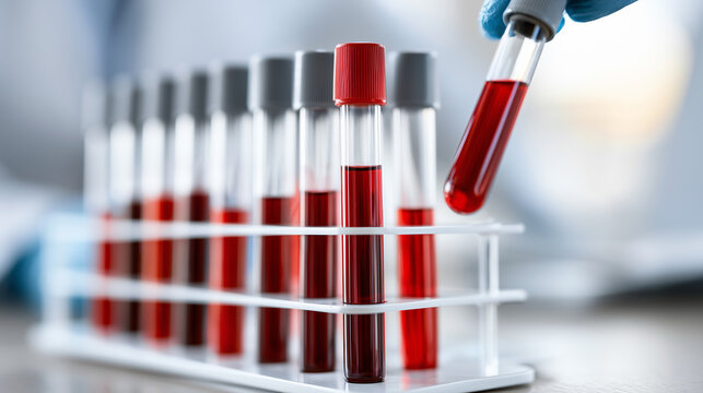 Medical technician in blue gloves picking up a blood test tube from a laboratory rack filled with samples.