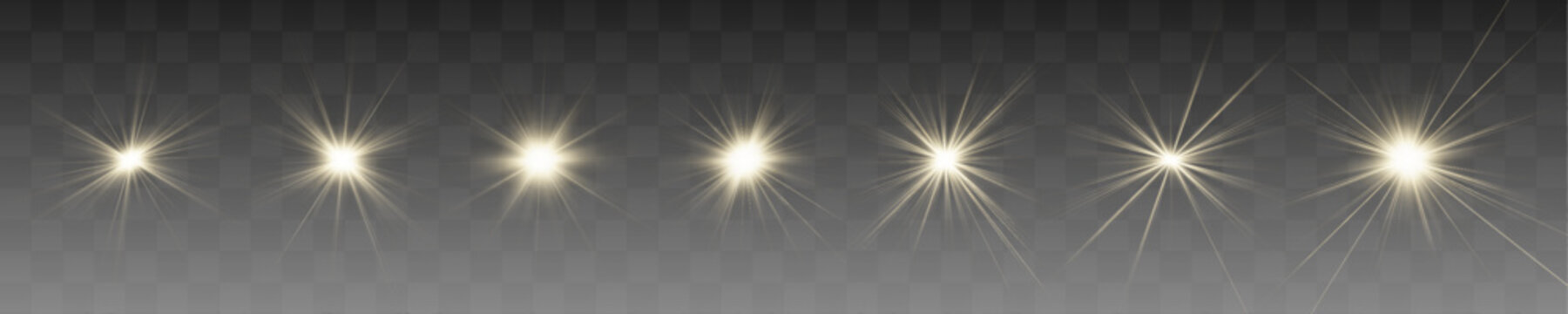 Golden flash collection with starburst rays and glowing highlights. Realistic lens flare effects for festive design projects. Vector illustration.