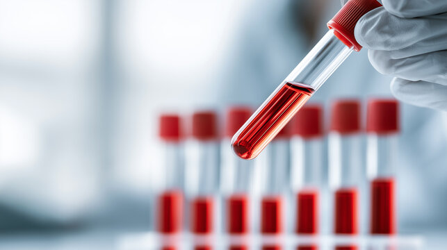 Gloved hand holding glass test tube filled with red blood sample in front of a blurred rack of blood vials.