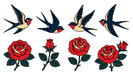 Obraz premium Vintage tattoo style swallows and red roses vector set