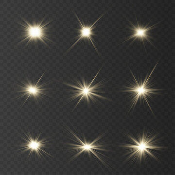 Set of elegant gold light effects including flares, sparkles and star shapes. Bright decorative elements for festive graphic compositions. Vector collection.