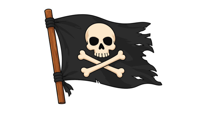 Cartoon pirate flag with skull and crossbones on pole