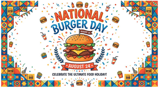 "NATIONAL BURGER DAY" in playful red and blue bold font. Below the burger: a red banner reading "AUGUST 24," and under that "CELEBRATE THE ULTIMATE FOOD HOLIDAY!"