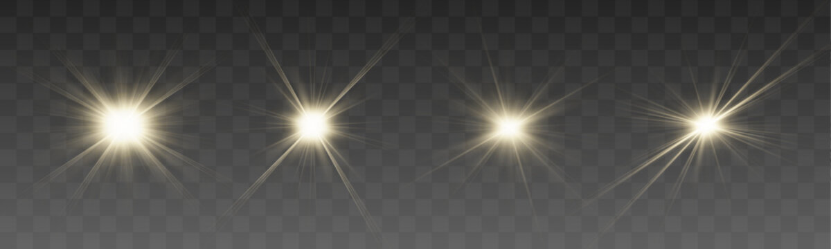 Set of golden magic sparkles, glowing stars and bright light beams. Premium shine effects collection for posters and graphic design. Vector illustration.