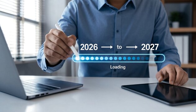 Business Transition from 2026 to 2027 with Digital Progress Loading Bar for Annual Planning Strategic Roadmap Enterprise Transformation Goal Tracking Productivity Improvement and Business Growth