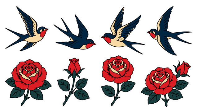 Vintage tattoo style swallows and red roses vector set