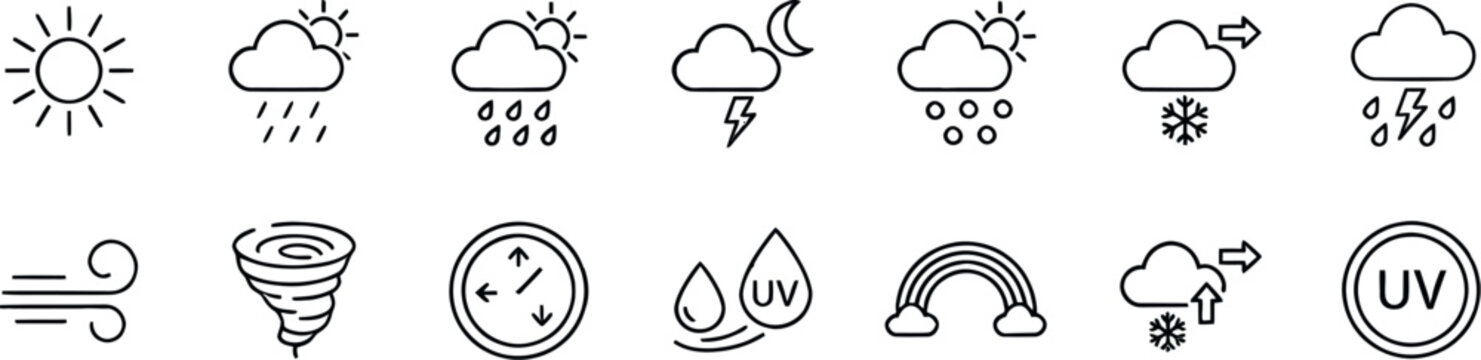 Set of hand drawn weather icons featuring sun clouds rain rainbow and other meteorological symbols in sketch style
