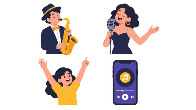 Flat vector set of singer, saxophonist, dancer and music player