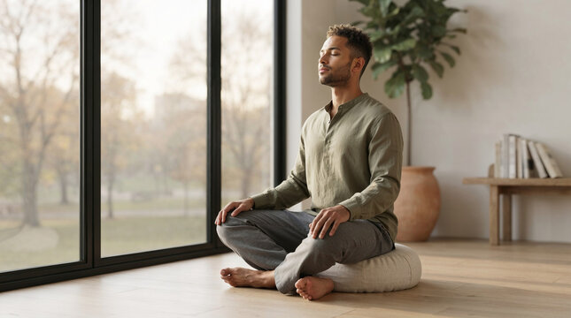 Man meditating in lotus pose by a large window in a peaceful interior.