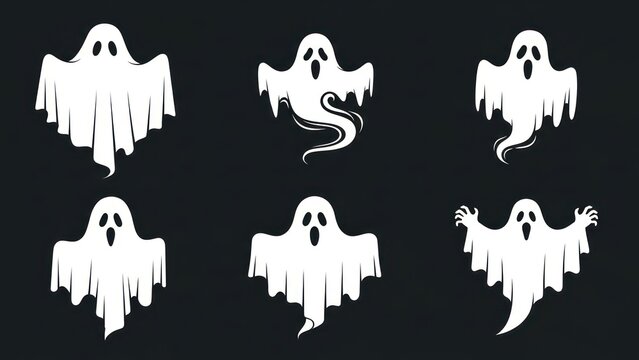 Set of six friendly cartoon ghost icons on dark background for Halloween themed graphic resource.