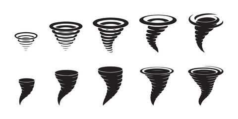 Weather tornado icons showing different stages of funnel development for storm tracking design.