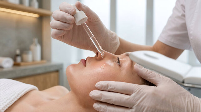 Professional cosmetologist applying facial serum with a dropper during a spa treatment.
