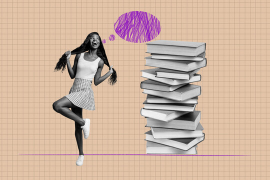 Poster photo full sketch collage of happy student girl stand book stack education concept drawing bubble chat bookworm hobby