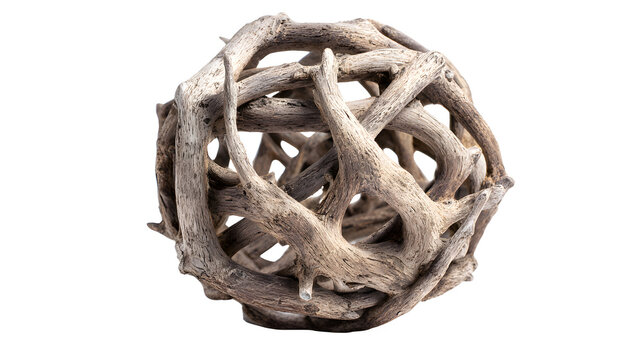 Driftwood root ball sculpture on white background with sculpture against plain decorative natural organic coastal texture object brown with gray