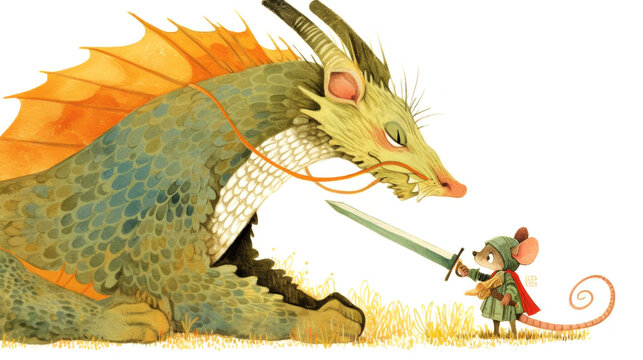 Illustration of a small mouse in a green cloak holding a sword facing a large, colorful dragon with intricate scales in a grassy landscape