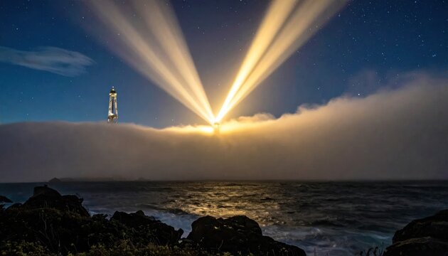 Bright searchlight beams piercing thick clouds over ocean night.