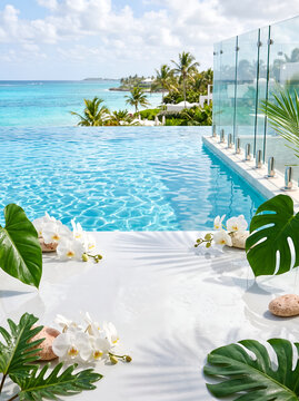 Luxury Tropical Spa Background with Infinity Pool and Ocean View summer background