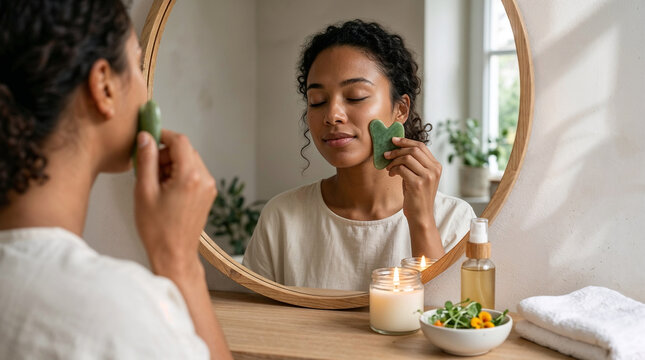 Woman using a jade gua sha stone for facial massage in a home mirror.